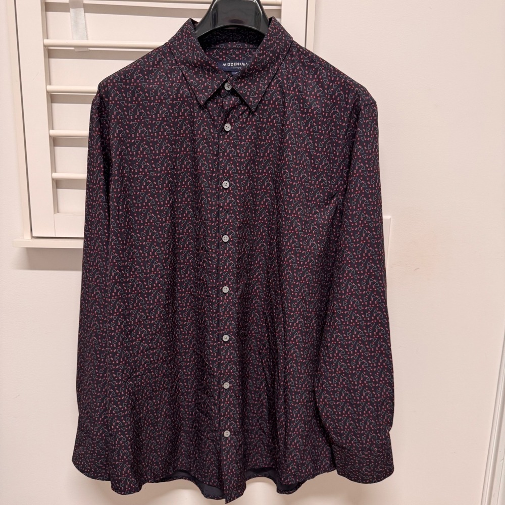 Mizzen+Main Leeward Trim Fit Performance Shirt Navy Red Geometric XL 1WS-0995